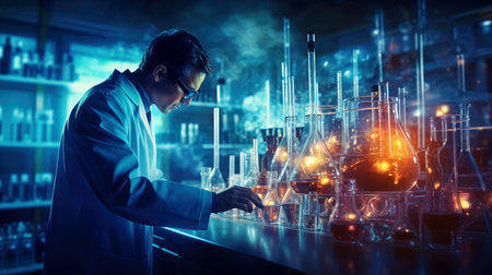 Scientist working at the laboratory, Investigator checking test tubes, Doctor in laboratory checking test tubes, Generative AI illustrationの素材