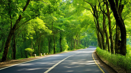 Path way through the autumnal forest natural way, road to the tropical forest field, relaxing with ecological environment, freedom lifestyle concept, Generative AI illustrationの素材