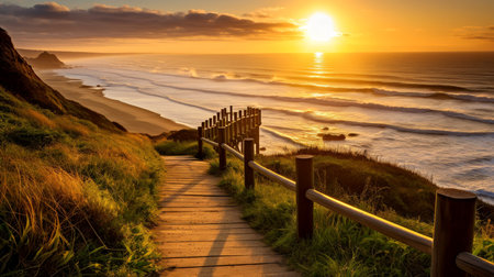 Empty wooden walkway on the ocean coast in the sunset time, pathway to beach, Generative AI illustrationの素材
