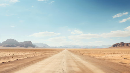 Desert landscape with sand road, A long straight dirt road disappears into the distant, cartoon style, Generative AI illustrationの素材