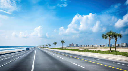 Empty asphalt road beside the sea background, highway beside the sea, outdoors horizontal image, Generative AI illustrationの素材