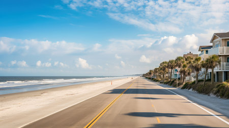 Empty asphalt road beside the sea background, highway beside the sea, outdoors horizontal image, Generative AI illustrationの素材