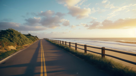 Empty asphalt road beside the sea background, highway beside the sea, outdoors horizontal image, Generative AI illustrationの素材
