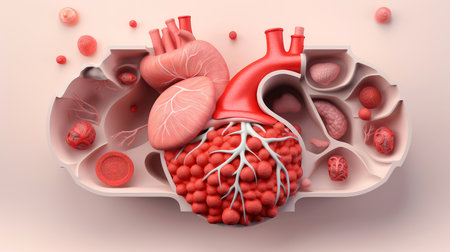 3D illustration mockup of the human organ system, Anatomy, Nervous, circulatory, digestive, excretory, urinary,and bone systems. Medical education concept, Generative AI illustrationの素材