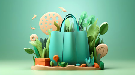 Ecology - Eco package -Modern concept illustration of a paper bag surrounded by plants, shopping paper bag with plants background, Generative AI illustrationの素材