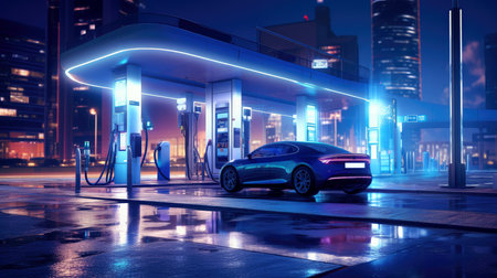 Electric car at futuristic charging station. Selected focusing. Eco alternative transport and battery charging technology concept, electric hybrid machine, Generative AI illustrationの素材