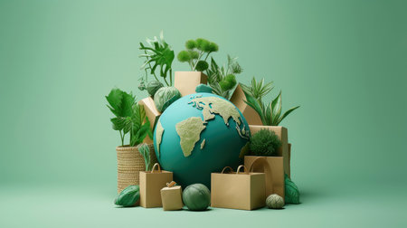 Ecology - Eco package -Modern concept illustration of a paper bag surrounded by plants, shopping paper bag with plants background, Generative AI illustrationの素材