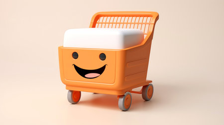 3d shopping trolley, shopping online concept, shopping cart with face cartoon smile, Generative AI illustrationの素材