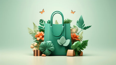 Ecology - Eco package -Modern concept illustration of a paper bag surrounded by plants, shopping paper bag with plants background, Generative AI illustrationの素材