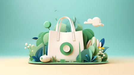 Ecology - Eco package -Modern concept illustration of a paper bag surrounded by plants, shopping paper bag with plants background, Generative AI illustrationの素材
