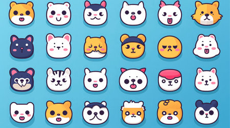 Set of animal faces, face emojis, stickers, emoticons,cartoon funny mascot characters face set, Generative AI illustrationの素材