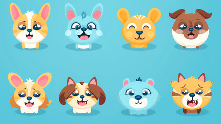 Set of animal faces, face emojis, stickers, emoticons,cartoon funny mascot characters face set, Generative AI illustrationの素材