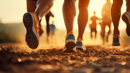 Marathon running race people competing in fitness and healthy active lifestyle feet on road, Legs of people on marathon running, Run for health, Generative AI illustrationの素材