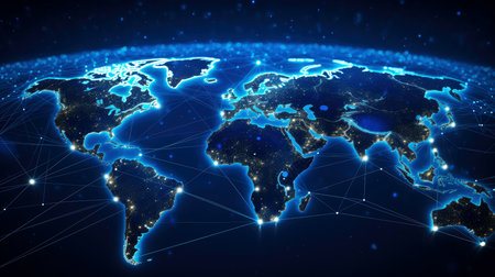 Global network concept with glowing planet earth map and connection lines, Generative AI illustrationの素材
