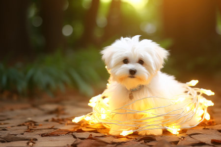 Close-up of cute dog with beautiful bokeh background, Generative AI illustrationの素材