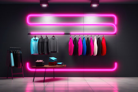 luxury and fashionable brand new interior of cloth store with neon dark background, advertising of black friday cheap clothes, Generative AI illustrationの素材