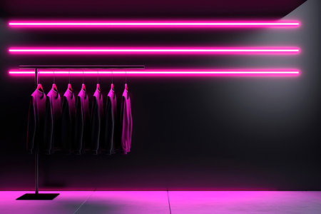 luxury and fashionable brand new interior of cloth store with neon dark background, advertising of black friday cheap clothes, Generative AI illustrationの素材