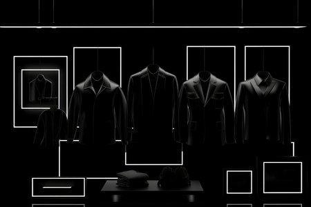 luxury and fashionable brand new interior of cloth store with neon dark background, advertising of black friday cheap clothes, Generative AI illustrationの素材