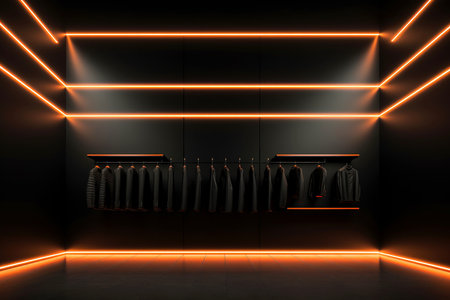 luxury and fashionable brand new interior of cloth store with neon dark background, advertising of black friday cheap clothes, Generative AI illustrationの素材