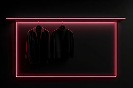 luxury and fashionable brand new interior of cloth store with neon dark background, advertising of black friday cheap clothes, Generative AI illustrationの素材