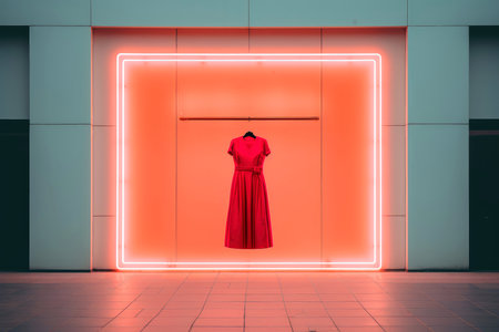 luxury and fashionable brand new interior of cloth store with neon dark background, advertising of black friday cheap clothes, Generative AI illustrationの素材
