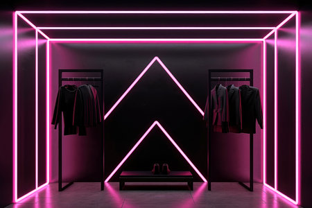 luxury and fashionable brand new interior of cloth store with neon dark background, advertising of black friday cheap clothes, Generative AI illustrationの素材