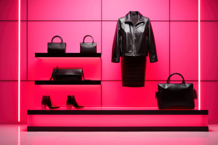 luxury and fashionable brand new interior of cloth store with neon dark background, advertising of black friday cheap clothes, Generative AI illustrationの素材