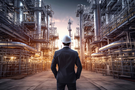 Engineering wearing hardhat with blurred site construction building background, Generative AI illustrationの素材