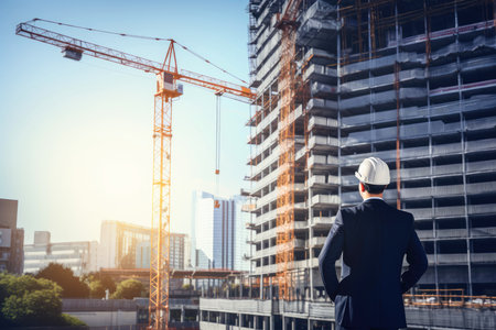 Engineering wearing hardhat with blurred site construction building background, Generative AI illustrationの素材
