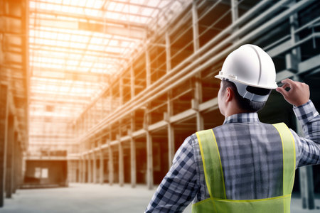 Engineering wearing hardhat with blurred site construction building background, Generative AI illustrationの素材