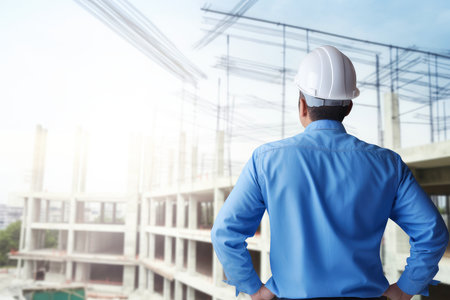 Engineering wearing hardhat with blurred site construction building background, Generative AI illustrationの素材