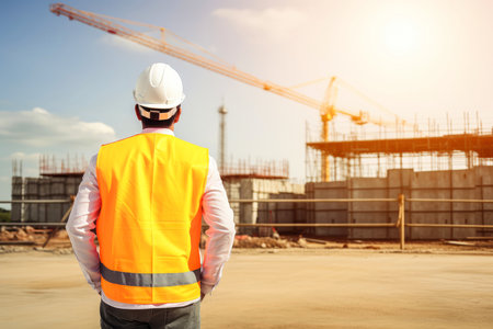 Engineering wearing hardhat with blurred site construction building background, Generative AI illustrationの素材