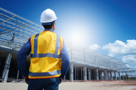 Engineering wearing hardhat with blurred site construction building background, Generative AI illustrationの素材
