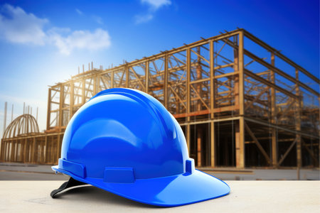 Helmet hard hat with blurred site construction building background, Generative AI illustrationの素材