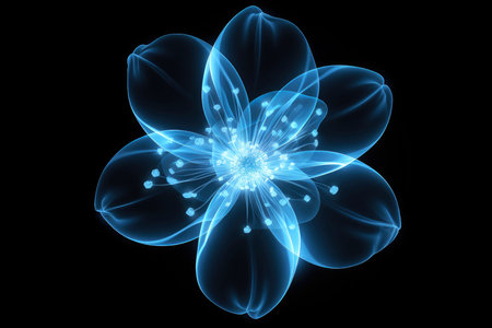 Multicolor neon light flowers isolated on black background, Generative AI illustrationの素材
