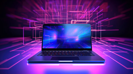 Mockup of beautiful laptop with multicolor background, Generative AI illustrationの素材