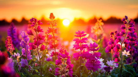 Colorful natural spring landscape with with flowers,selective focus, Generative AI illustrationの素材