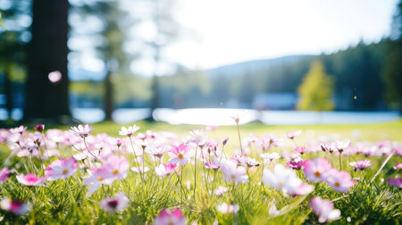 Colorful natural spring landscape with with flowers,selective focus, Generative AI illustrationの素材
