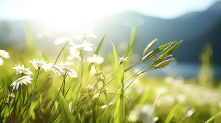 Colorful natural spring landscape with with flowers,selective focus, Generative AI illustrationの素材