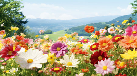 Colorful natural spring landscape with with flowers,selective focus, Generative AI illustrationの素材