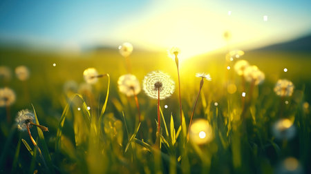 Colorful natural spring landscape with with flowers,selective focus, Generative AI illustrationの素材