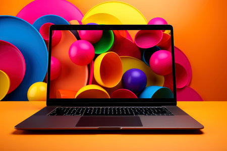 Mockup of beautiful laptop with multicolor background, Generative AI illustrationの素材