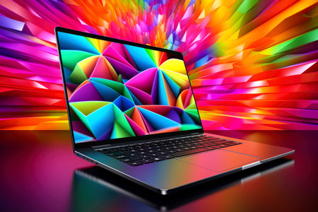 Mockup of beautiful laptop with multicolor background, Generative AI illustrationの素材
