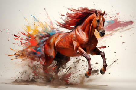 Watercolor horse painting, abstract drawing of a running paint splashed horse, Generative AI illustrationの素材
