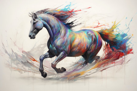 Watercolor horse painting, abstract drawing of a running paint splashed horse, Generative AI illustrationの素材