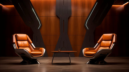 Modern living room with wooden geometric wall, Generative AIの素材