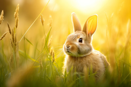 Close-up of cute rabbit with beautiful bokeh background, Generative AIの素材