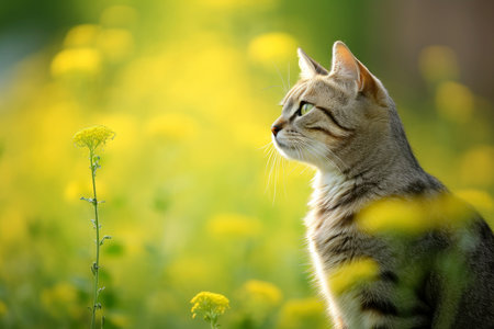 Close-up of cute cat gazing at something with beautiful bokeh background, Generative AIの素材