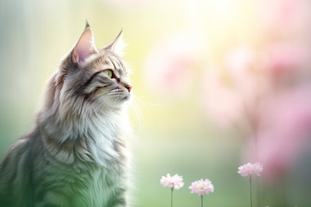 Close-up of cute cat gazing at something with beautiful bokeh background, Generative AIの素材