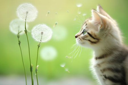 Close-up of cute cat gazing at something with beautiful bokeh background, Generative AIの素材